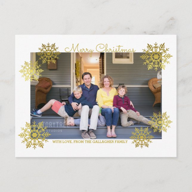 Gold Shimmering Chic Snowflake Holiday Photo Postcard (Front)