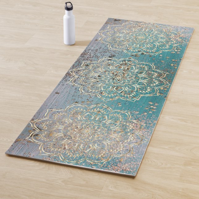 Gold Shimmery Triple Mandala on Teal  Yoga Mat (In Situ)