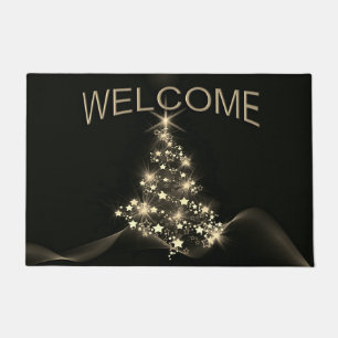Gold Shine of Stars on Christmas Tree Dark Welcome Doormat