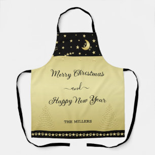 Gold shiny Christmas stars, paws on gold & black Apron