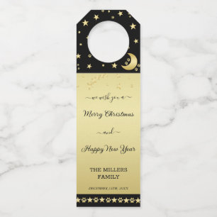 Gold shiny Christmas stars, paws on gold & black Bottle Tag