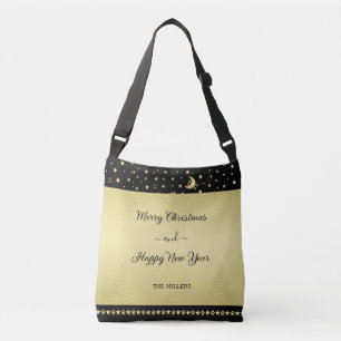 Gold shiny Christmas stars, paws on gold & black Crossbody Bag