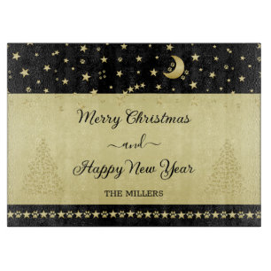 Gold shiny Christmas stars, paws on gold & black Cutting Board