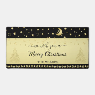 Gold shiny Christmas stars, paws on gold & black Desk Mat