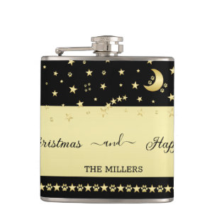 Gold shiny Christmas stars, paws on gold & black Hip Flask
