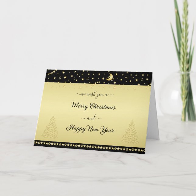 Gold shiny Christmas stars, paws on gold & black Invitation (Front)