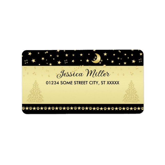 Gold shiny Christmas stars, paws on gold & black Label (Front)