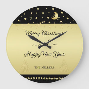 Gold shiny Christmas stars, paws on gold & black Large Clock