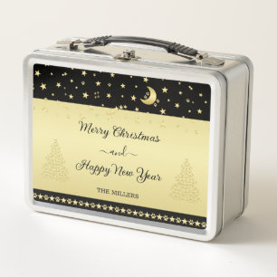 Gold shiny Christmas stars, paws on gold & black Metal Lunch Box
