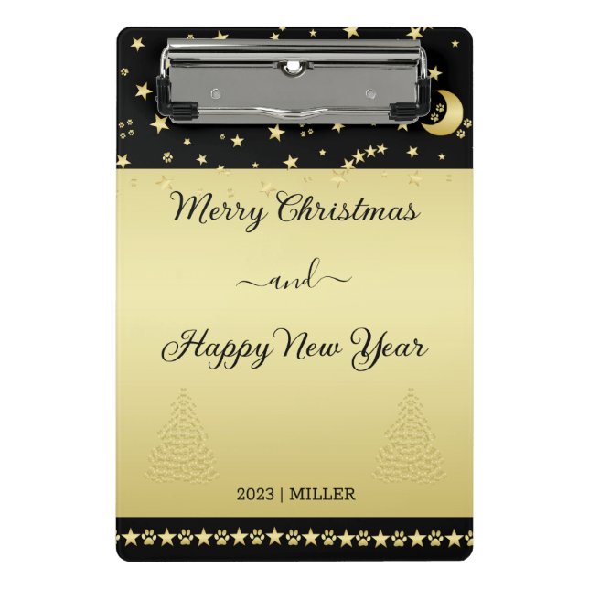 Gold shiny Christmas stars, paws on gold & black Mini Clipboard (Front)