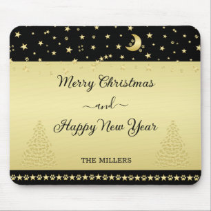 Gold shiny Christmas stars, paws on gold & black Mouse Mat
