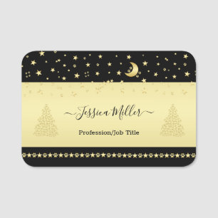 Gold shiny Christmas stars, paws on gold & black Name Tag