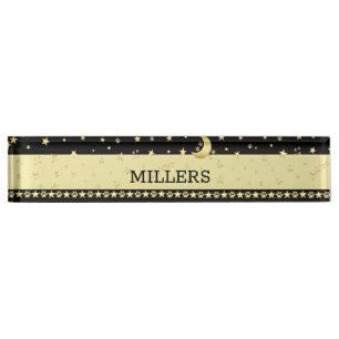 Gold shiny Christmas stars, paws on gold & black Nameplate