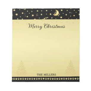 Gold shiny Christmas stars, paws on gold & black Notepad