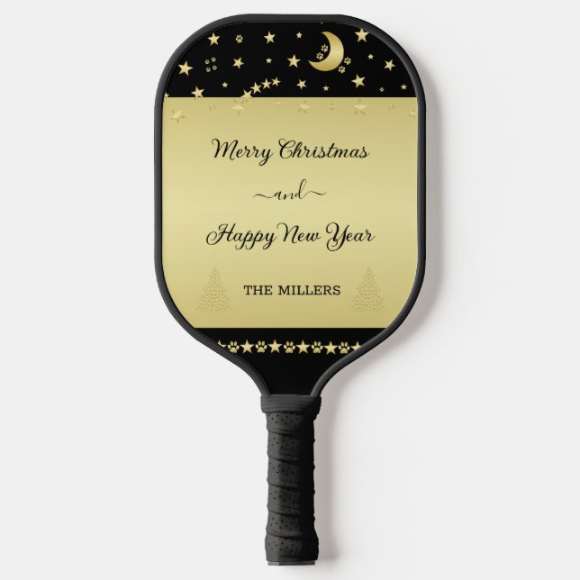 Gold shiny Christmas stars, paws on gold & black Pickleball Paddle (Front)
