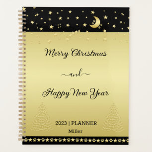 Gold shiny Christmas stars, paws on gold & black Planner