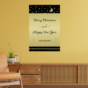 Gold shiny Christmas stars, paws on gold & black Poster