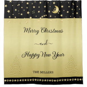 Gold shiny Christmas stars, paws on gold & black Shower Curtain