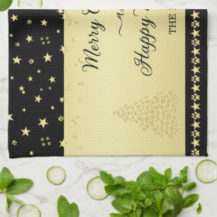 Gold shiny Christmas stars, paws on gold & black Tea Towel