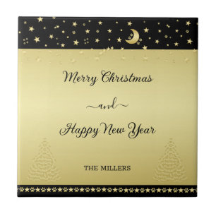 Gold shiny Christmas stars, paws on gold & black Tile