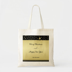 Gold shiny Christmas stars, paws on gold & black Tote Bag