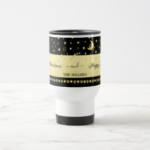 Gold shiny Christmas stars, paws on gold & black Travel Mug