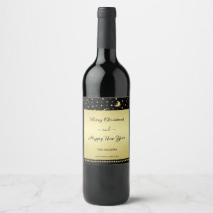 Gold shiny Christmas stars, paws on gold & black Wine Label