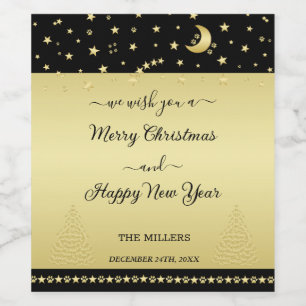 Gold shiny Christmas stars, paws on gold & black Wine Label
