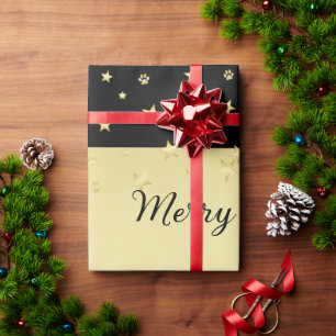 Gold shiny Christmas stars, paws on gold & black Wrapping Paper