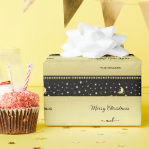 Gold shiny Christmas stars, paws on gold & black Wrapping Paper