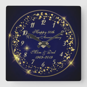 Gold Shiny Confetti,Blue 50th Wedding Anniversary Square Wall Clock