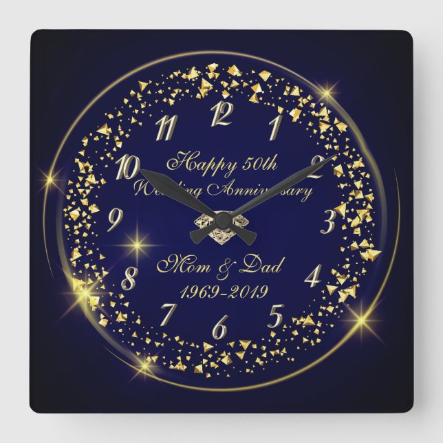 Gold Shiny Confetti,Blue 50th Wedding Anniversary Square Wall Clock (Front)