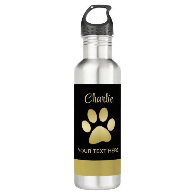  Gold Shiny Dog Paw on black background 710 Ml Water Bottle (Front)