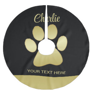 Gold Shiny Dog Paw on black background Brushed Polyester Tree Skirt