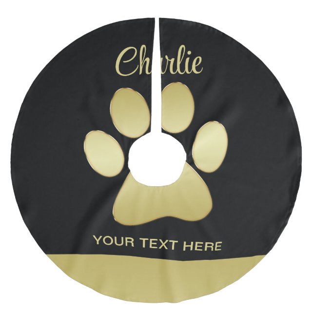  Gold Shiny Dog Paw on black background Brushed Polyester Tree Skirt (Front)