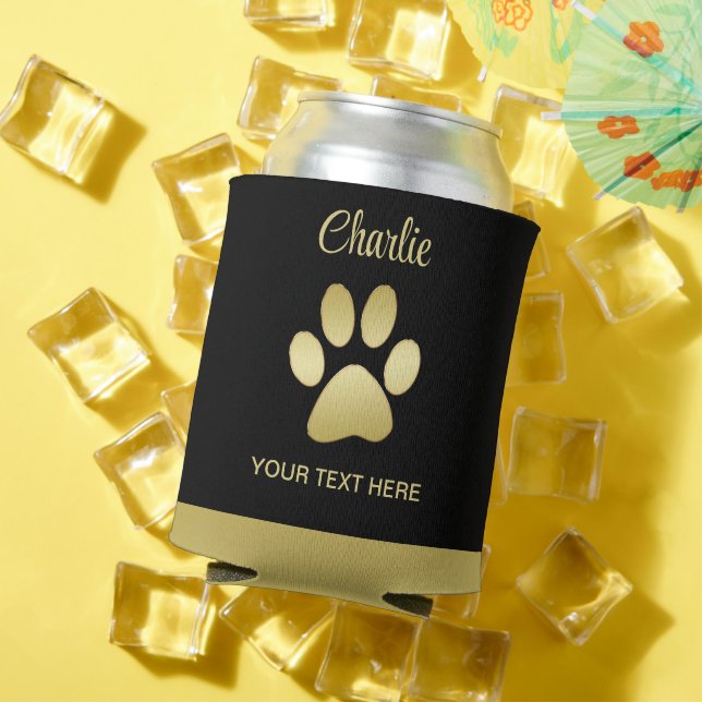  Gold Shiny Dog Paw on black background Can Cooler (In Situ Summer)