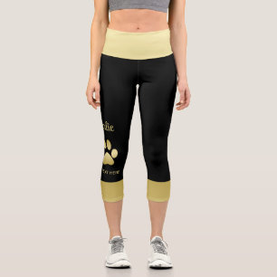 Gold Shiny Dog Paw on black background Capri Leggings