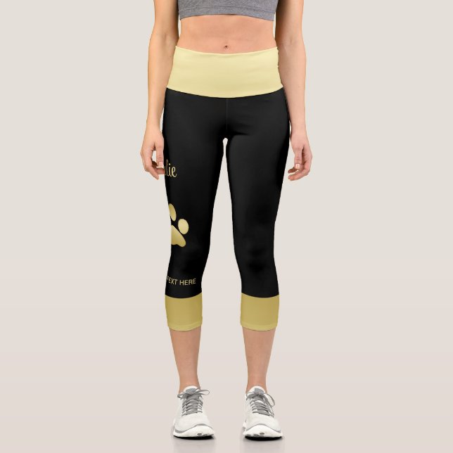  Gold Shiny Dog Paw on black background Capri Leggings (Front)