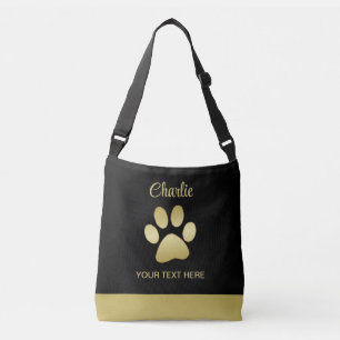  Gold Shiny Dog Paw on black background Crossbody Bag