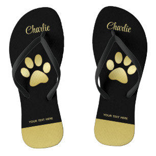  Gold Shiny Dog Paw on black background Flip Flops