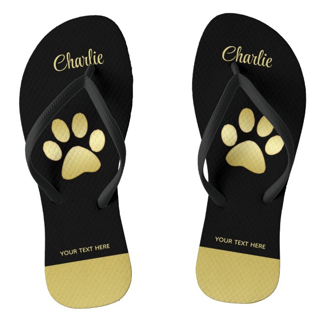  Gold Shiny Dog Paw on black background Flip Flops (Footbed)