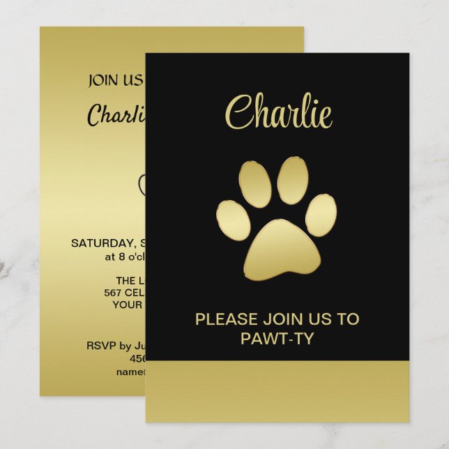  Gold Shiny Dog Paw on black background Invitation (Front/Back)