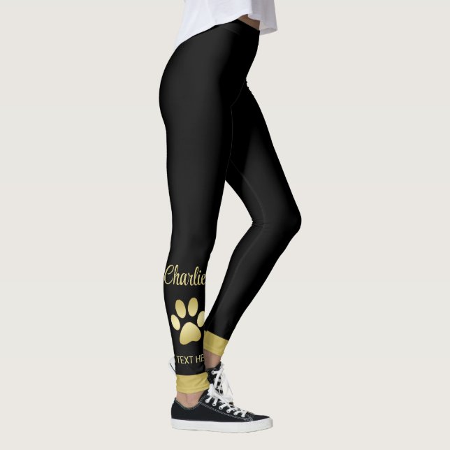  Gold Shiny Dog Paw on black background Leggings (Right)
