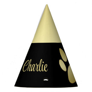 Gold Shiny Dog Paw on black background Party Hat
