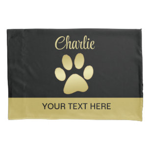 Gold Shiny Dog Paw on black background Pillowcase