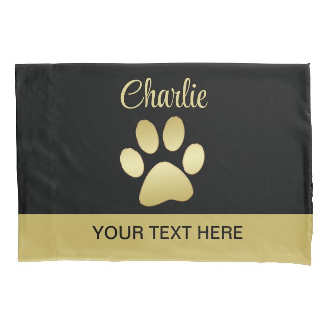  Gold Shiny Dog Paw on black background Pillowcase (Front)