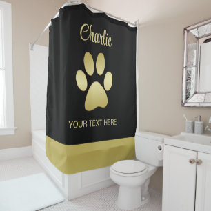 Gold Shiny Dog Paw on black background Shower Curtain