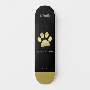 Gold Shiny Dog Paw on black background Skateboard