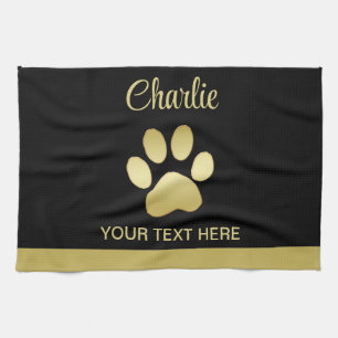Gold Shiny Dog Paw on black background Tea Towel