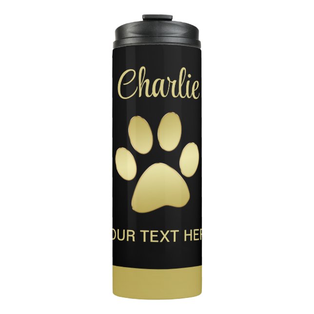  Gold Shiny Dog Paw on black background Thermal Tumbler (Front)